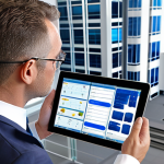 **

Prompt: Smart building management, public administrator using a tablet for facility inspection, data displayed on screen, modern and efficient, showcasing improved workflow, bright and professional setting.

**