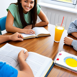 **

A small study group of 4-6 people, smiling and working together at a table filled with textbooks and study materials.  Bright, encouraging atmosphere.  Include snacks and drinks on the table. Focus on teamwork and positive energy.

**