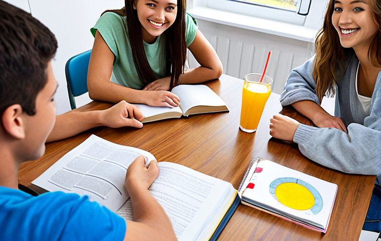 **

A small study group of 4-6 people, smiling and working together at a table filled with textbooks and study materials.  Bright, encouraging atmosphere.  Include snacks and drinks on the table. Focus on teamwork and positive energy.

**