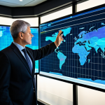 A highly professional public administrator, in a modest dark business suit, standing confidently in a futuristic smart city operations center. Large transparent screens display intricate, vibrant data visualizations, including predictive models and real-time urban analytics. The administrator's well-formed hands are gesturing towards a holographic projection of a city map, indicating strategic decision-making and resource allocation. The environment is well-lit, clean, and organized, reflecting advanced technology. Perfect anatomy, correct proportions, natural pose, proper finger count, professional photography, high quality, sharp focus, vibrant colors, safe for work, appropriate content, fully clothed, professional, family-friendly.