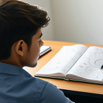 A focused young professional in modest, professional study attire, intently creating a detailed mind map on a large notepad. The desk is organized with an open textbook, neatly arranged pens, and a laptop displaying a blank document. The background is a blurred, warm-toned modern study room, suggesting a calm and dedicated atmosphere for structured learning. Safe for work, appropriate content, fully clothed, professional, perfect anatomy, correct proportions, natural pose, well-formed hands, proper finger count, natural body proportions, high quality, cinematic lighting.