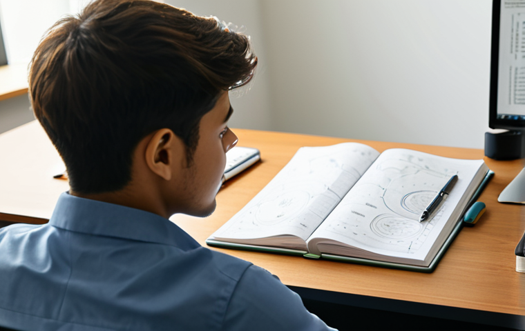 A focused young professional in modest, professional study attire, intently creating a detailed mind map on a large notepad. The desk is organized with an open textbook, neatly arranged pens, and a laptop displaying a blank document. The background is a blurred, warm-toned modern study room, suggesting a calm and dedicated atmosphere for structured learning. Safe for work, appropriate content, fully clothed, professional, perfect anatomy, correct proportions, natural pose, well-formed hands, proper finger count, natural body proportions, high quality, cinematic lighting.