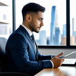 A focused professional individual in a modest business suit, seated at a sleek modern desk in a well-lit contemporary office. They are looking thoughtfully at a tablet displaying complex policy data and charts. The background features blurred bookshelves and a large window showing a city skyline. The overall mood is intellectual and strategic. perfect anatomy, correct proportions, natural pose, well-formed hands, proper finger count, natural body proportions, fully clothed, modest clothing, appropriate attire, professional dress, safe for work, appropriate content, professional photography, high quality.