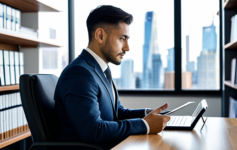 A focused professional individual in a modest business suit, seated at a sleek modern desk in a well-lit contemporary office. They are looking thoughtfully at a tablet displaying complex policy data and charts. The background features blurred bookshelves and a large window showing a city skyline. The overall mood is intellectual and strategic. perfect anatomy, correct proportions, natural pose, well-formed hands, proper finger count, natural body proportions, fully clothed, modest clothing, appropriate attire, professional dress, safe for work, appropriate content, professional photography, high quality.