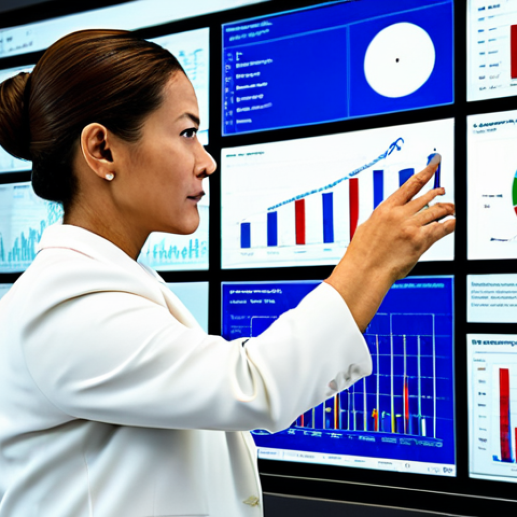 A focused professional public administrator, fully clothed in a modest business suit, meticulously analyzes complex data displayed on a large, high-tech transparent screen in a modern, well-lit public service office. The screen showcases intricate charts, graphs, and statistics, illustrating efficient resource allocation and strategic planning. Her natural pose and well-formed hands rest gently on a sleek digital tablet. The scene emphasizes innovation and data-driven decision-making within a government setting. safe for work, appropriate content, fully clothed, professional dress, modest clothing, perfect anatomy, correct proportions, natural body proportions, proper finger count, high-quality professional photography.