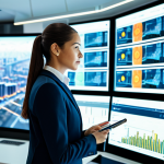 A professional female public facility manager in a modest business suit, standing confidently in a modern, brightly lit smart city control room. She is looking at large holographic displays showing real-time urban infrastructure data, with subtle indications of AI and IoT integration, emphasizing efficiency and advanced technology in urban management.
