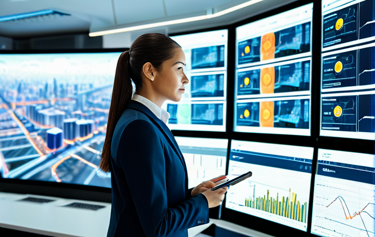 A professional female public facility manager in a modest business suit, standing confidently in a modern, brightly lit smart city control room. She is looking at large holographic displays showing real-time urban infrastructure data, with subtle indications of AI and IoT integration, emphasizing efficiency and advanced technology in urban management.