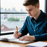 A focused young adult, possibly a man or a woman, dressed in a modest long-sleeved shirt and casual trousers, sitting comfortably at a modern, minimalist study desk. The person is intently reading from a textbook, with an open notebook and a neatly organized planner beside them. A sleek, turned-off smartphone is placed far from reach on the corner of the desk, symbolizing distraction control. The background is a clean, well-lit home office with large windows, showing a blurred cityscape in the distance, suggesting a quiet, undisturbed atmosphere. Natural light illuminates the scene. Perfect anatomy, correct proportions, natural pose, well-formed hands, proper finger count, natural body proportions, professional photography, high detail, sharp focus, vibrant colors, calm ambiance, safe for work, appropriate content, fully clothed, professional, modest.