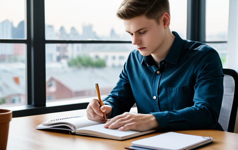 A focused young adult, possibly a man or a woman, dressed in a modest long-sleeved shirt and casual trousers, sitting comfortably at a modern, minimalist study desk. The person is intently reading from a textbook, with an open notebook and a neatly organized planner beside them. A sleek, turned-off smartphone is placed far from reach on the corner of the desk, symbolizing distraction control. The background is a clean, well-lit home office with large windows, showing a blurred cityscape in the distance, suggesting a quiet, undisturbed atmosphere. Natural light illuminates the scene. Perfect anatomy, correct proportions, natural pose, well-formed hands, proper finger count, natural body proportions, professional photography, high detail, sharp focus, vibrant colors, calm ambiance, safe for work, appropriate content, fully clothed, professional, modest.