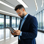**

"A professional facility manager in appropriate attire, standing in a modern building lobby, examining smart building management system data on a tablet. The background shows a well-lit, clean, and efficient space with people interacting. Fully clothed, professional, safe for work, perfect anatomy, natural proportions, high-resolution, appropriate content, modern environment, well-formed hands, proper finger count."

**