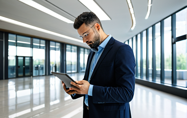 **

"A professional facility manager in appropriate attire, standing in a modern building lobby, examining smart building management system data on a tablet. The background shows a well-lit, clean, and efficient space with people interacting. Fully clothed, professional, safe for work, perfect anatomy, natural proportions, high-resolution, appropriate content, modern environment, well-formed hands, proper finger count."

**