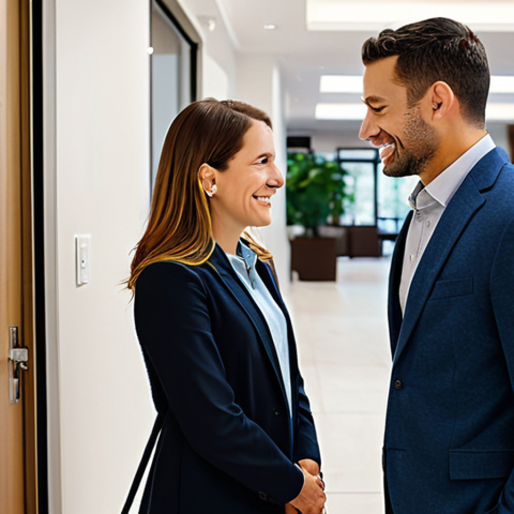 **

"A professional apartment manager, fully clothed in a modest business casual outfit, engaging with a resident in a well-lit, modern apartment complex lobby, appropriate attire, safe for work, perfect anatomy, correct proportions, natural pose, friendly expression, conveying trust and helpfulness, family-friendly, high quality."

**