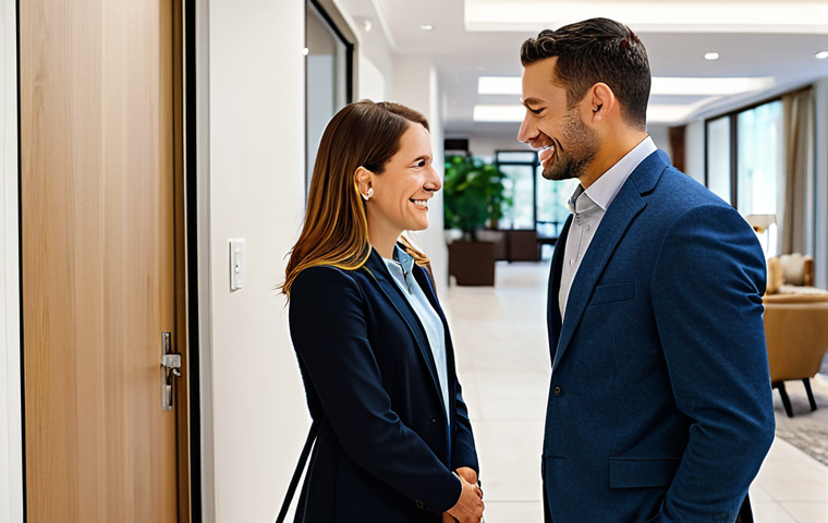 **

"A professional apartment manager, fully clothed in a modest business casual outfit, engaging with a resident in a well-lit, modern apartment complex lobby, appropriate attire, safe for work, perfect anatomy, correct proportions, natural pose, friendly expression, conveying trust and helpfulness, family-friendly, high quality."

**