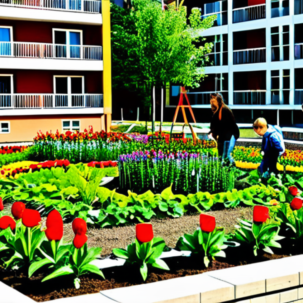 **

"A vibrant community garden in an apartment complex, families tending to plants, children playing nearby, flowers blooming, showcasing community spirit, safe for work, appropriate content, fully clothed, family-friendly, professional photography, perfect anatomy, natural proportions."

**