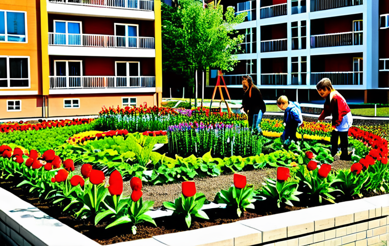 **

"A vibrant community garden in an apartment complex, families tending to plants, children playing nearby, flowers blooming, showcasing community spirit, safe for work, appropriate content, fully clothed, family-friendly, professional photography, perfect anatomy, natural proportions."

**
