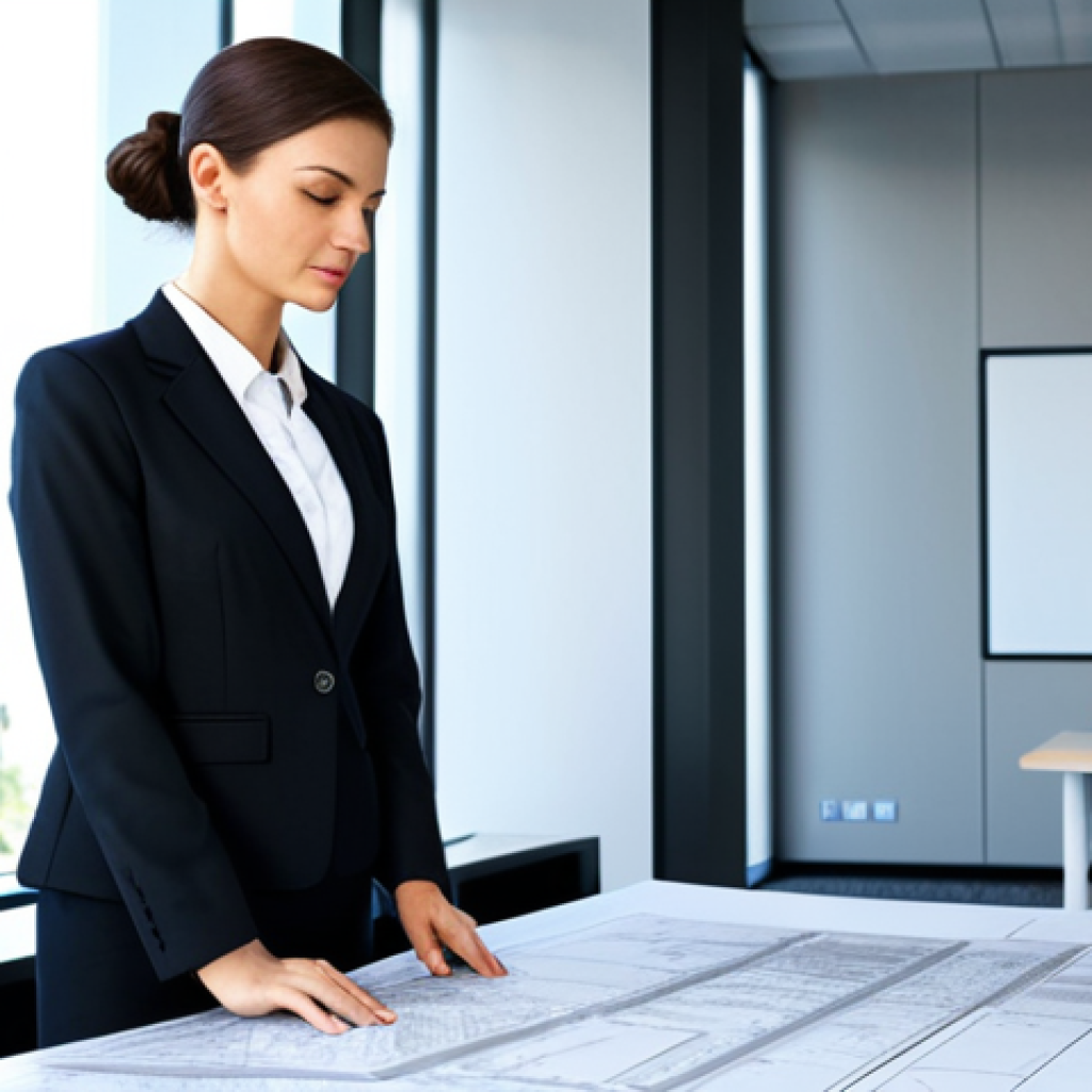 **

A professional woman in a modest business suit, confidently managing a building blueprint in a modern office setting, fully clothed, appropriate attire, safe for work, perfect anatomy, correct proportions, professional environment, high quality.

**