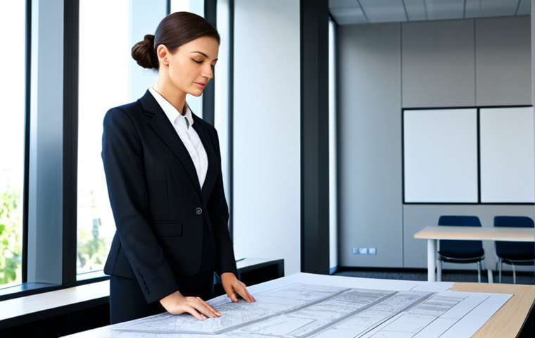 **

A professional woman in a modest business suit, confidently managing a building blueprint in a modern office setting, fully clothed, appropriate attire, safe for work, perfect anatomy, correct proportions, professional environment, high quality.

**