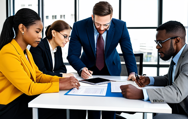 공공관리사 이론과 실무를 연결하는 학습 방법 - **Prompt:** A diverse group of public administration professionals collaborating around a table, rev...