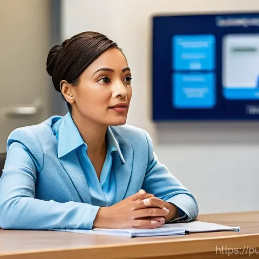 공공관리사 실무에서의 커뮤니케이션 스킬 - **A warm and inviting scene inside a modern government community service center.** A kind female pub...