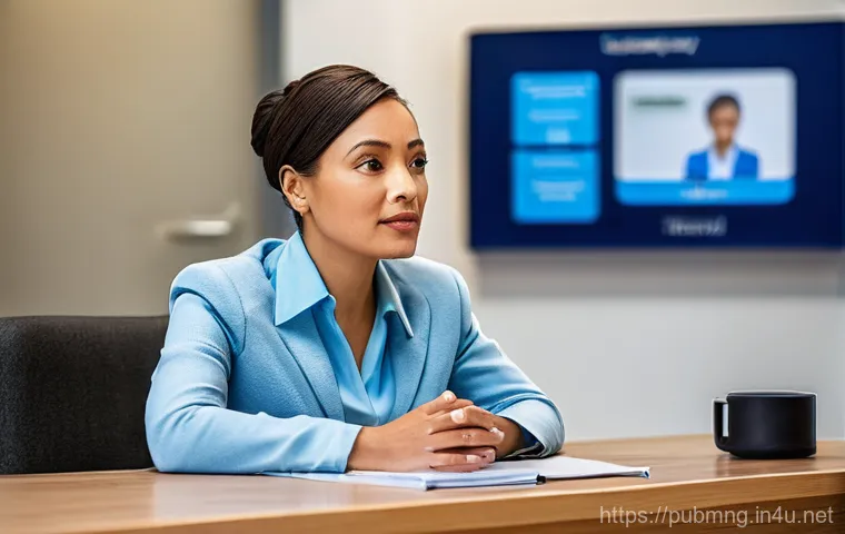 공공관리사 실무에서의 커뮤니케이션 스킬 - **A warm and inviting scene inside a modern government community service center.** A kind female pub...