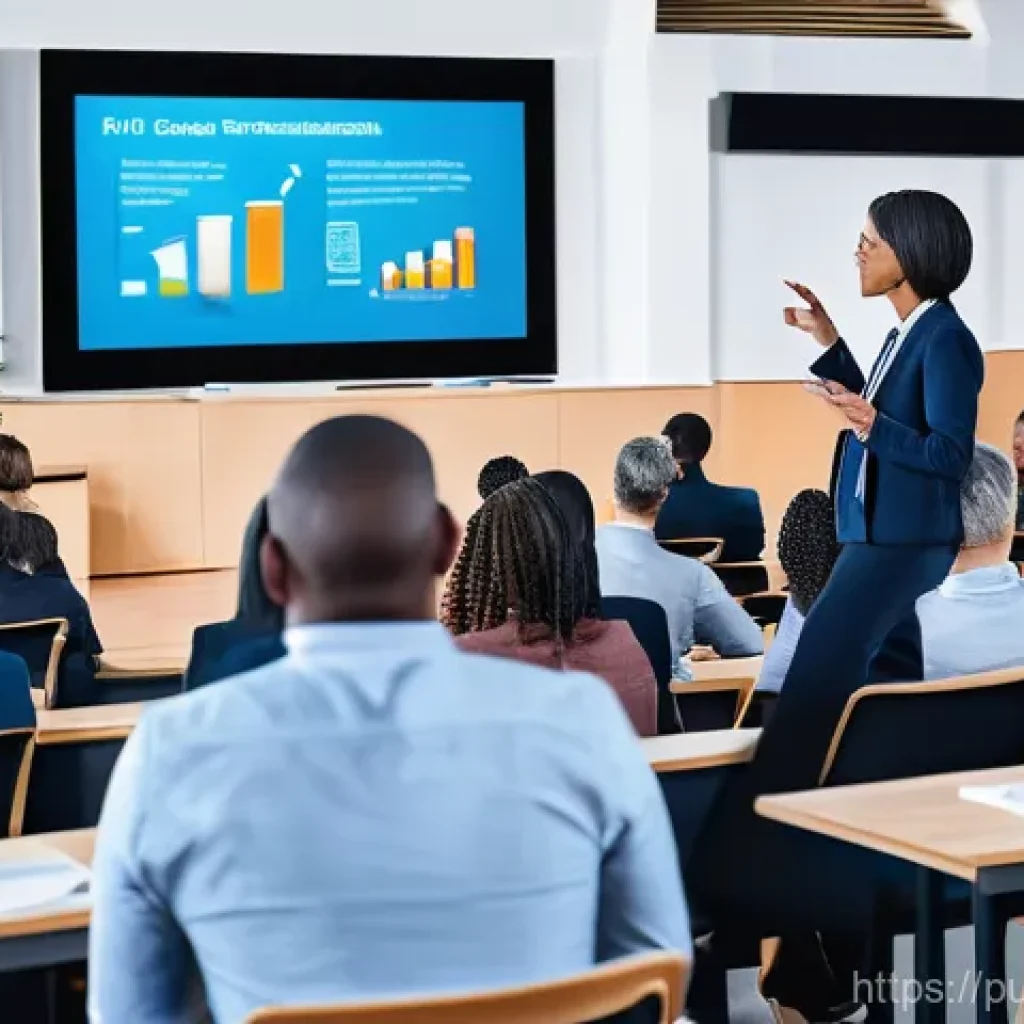 공공관리사 관련 세미나 및 워크숍 - A brightly lit, modern conference hall filled with a diverse group of public administrators in busin...