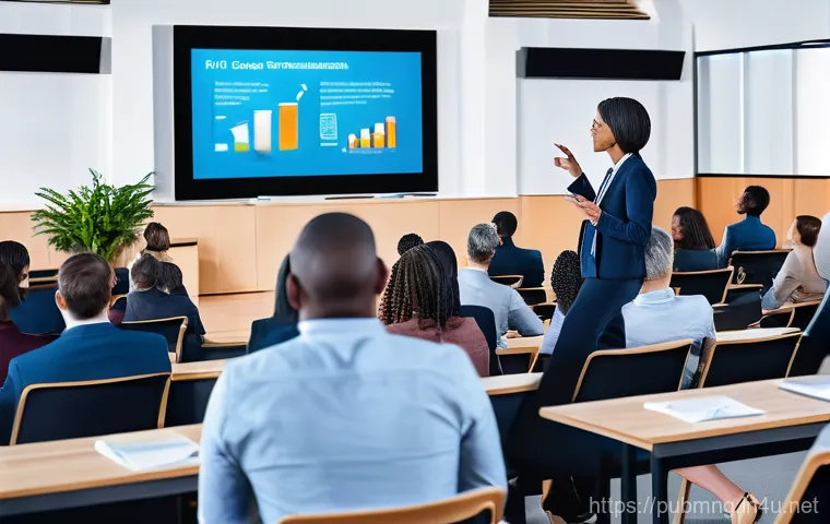 공공관리사 관련 세미나 및 워크숍 - A brightly lit, modern conference hall filled with a diverse group of public administrators in busin...