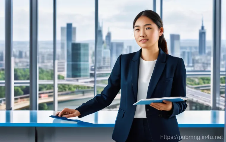 공공관리사 실무 경험을 통해 배우는 교훈 - **Prompt:** A young, determined public servant, wearing a smart casual blazer and trousers, stands c...